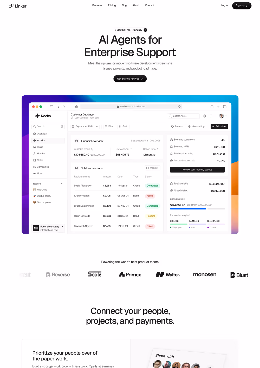Webpage for Linker advertising AI agents for enterprise support, showing a software dashboard with customer database financial overview and transaction details.